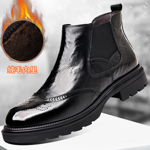 Top Layer Cowhide Chelsea Boots Men's New Genuine Leather All-match fleece-lined Mid-top Breathable Fashionable Boots Martins Boots
