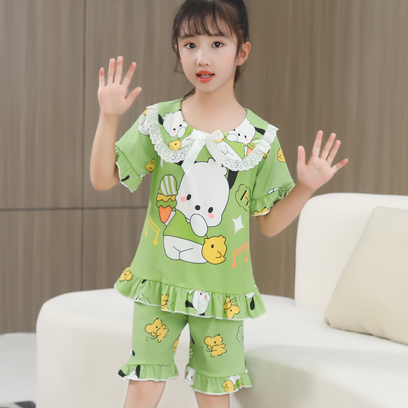 Pijamas de niñas de manga corta de verano delgado jade Gui perro caricatura princesa encantadora viento encaje delgado dulce conjunto de hogar