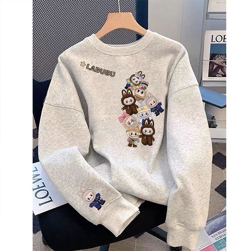 2026 Autumn/Winter New Gray Fleece-Lined Thickened Sweatshirt for Women, Loose Fit, Versatile Cartoon Print Popular Top Jacket