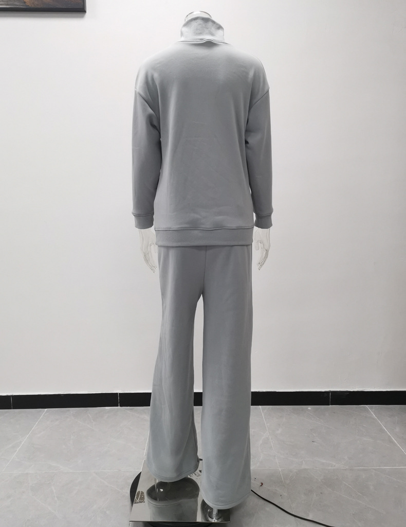 Women's Clothing long sleeved brown temperament wide leg pants fashionable loose high necked casual two piece sweatshirt_voghion.com