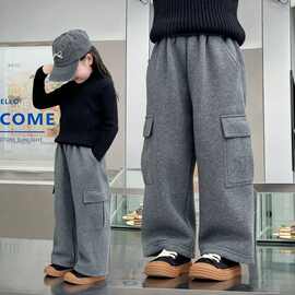 新款女童加绒裤休闲24秋冬儿童加厚工装裤宝宝百搭潮流宽松直筒裤