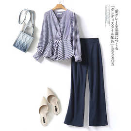 格纹衬衫直筒裤两件套2024秋季新款长袖V领上衣配松紧腰长裤8496