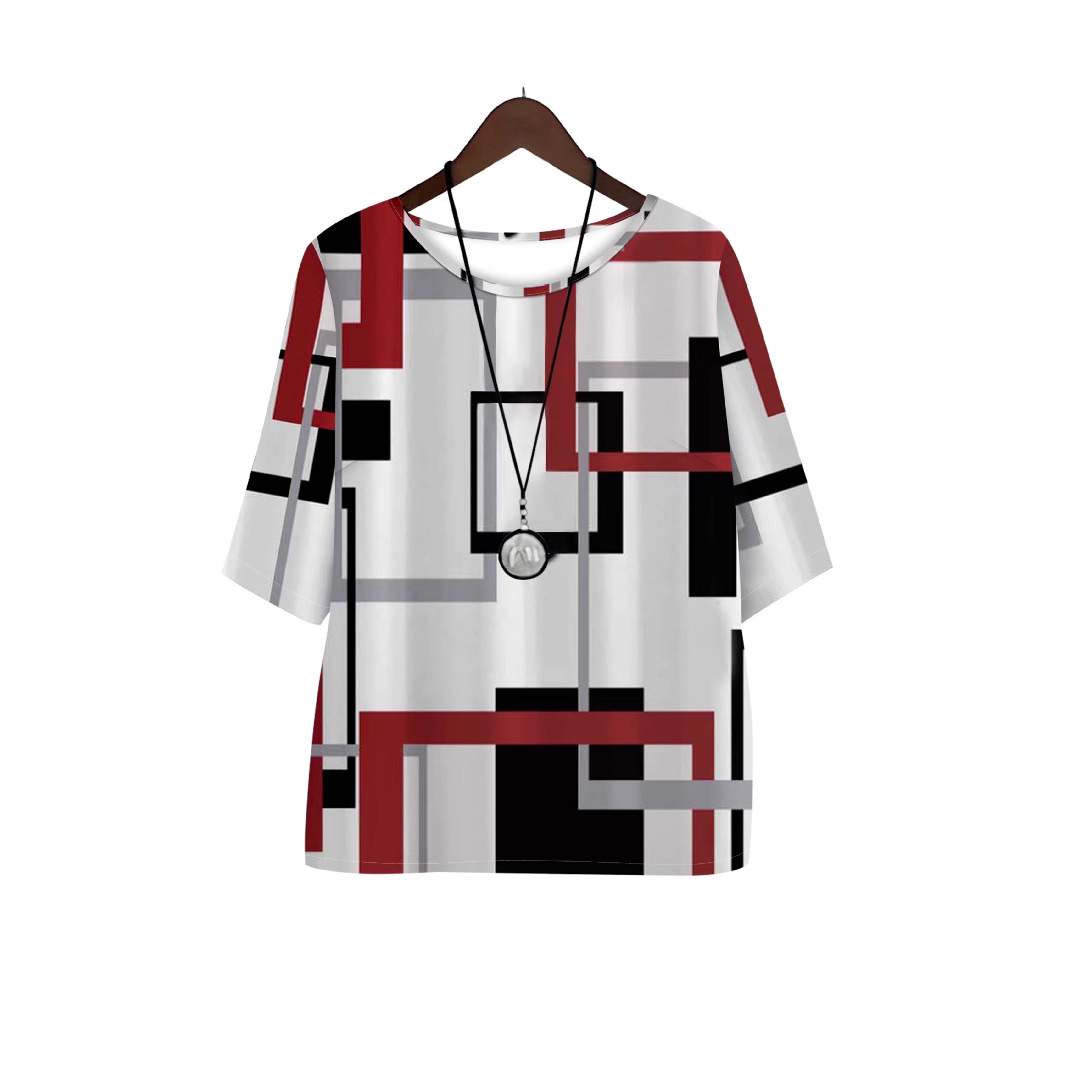 GraceChic GraceChic GraceChic Europäische und amerikanische grenzüberschreitende, heiß begehrte Plus-Size-Damen-Freizeitkleidung mit geometrischem Print, Kurzarm + einfarbige Hose_voghion.com