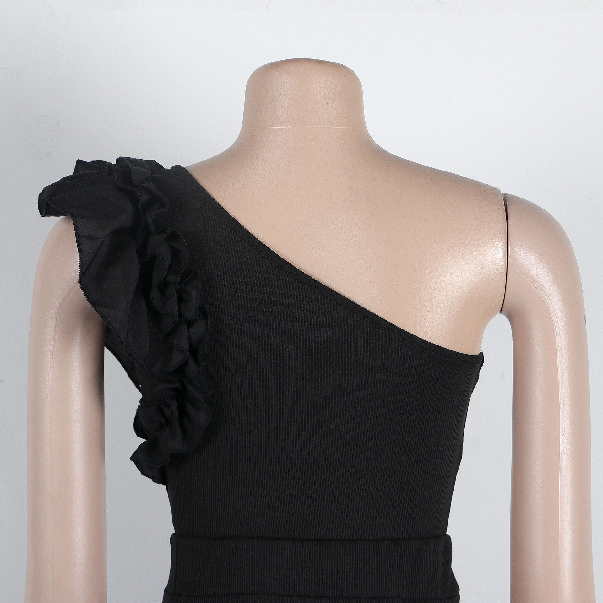 362g Weight Sleeveless Sleeve Length Polyester Fabric Type Skirt Co-ord Set Sets Type 2 Pieces Set Quantity Holiday Occasion One Shoulder Neckline Slim Fit Type Solid Color Pattern Summer Season Women's Gender Frill Design Elegant Style Holiday Women's Elegant Solid Color Polyester Frill Skirt Co-ord Set Skirt Sets 45