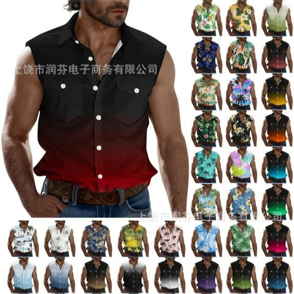 2026 Cross-Border Foreign Trade 3D Digital Printing European and American Style Black and Orange Gradient Sleeveless Shirt Men's Summer Western Cowboy 2026 Cross-Border Foreign Trade 3D Digital Printing European and American Style Black and Orange Gradient Sleeveless Shirt Men's Summer Western Cowboy