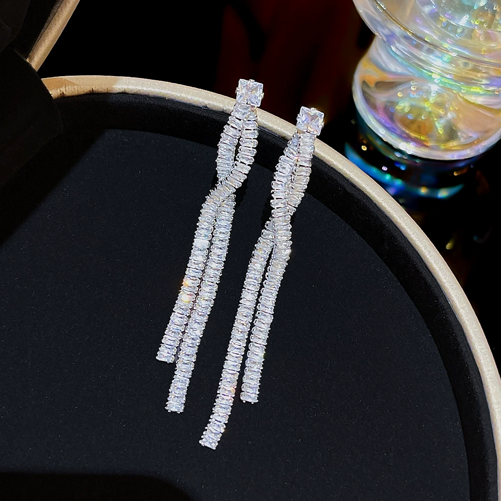 Серьги из серебра 925 пробы, Tassel из циркония, длинная легкая подвеска