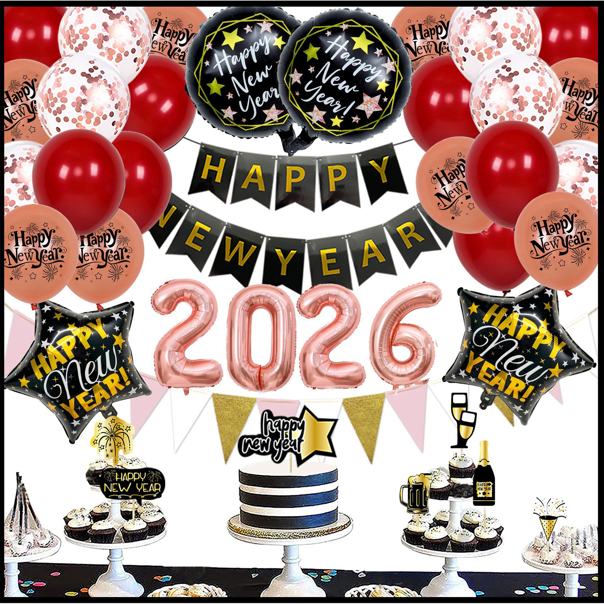 Set de 5 globos con banderín "Año Nuevo Oro Rosa 2026"