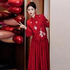 新しい中国風の乾杯ドレス、女性用バーガンディ、2025年の新しい花嫁の結婚式と婚約ドレス、春と秋の帰郷宴会