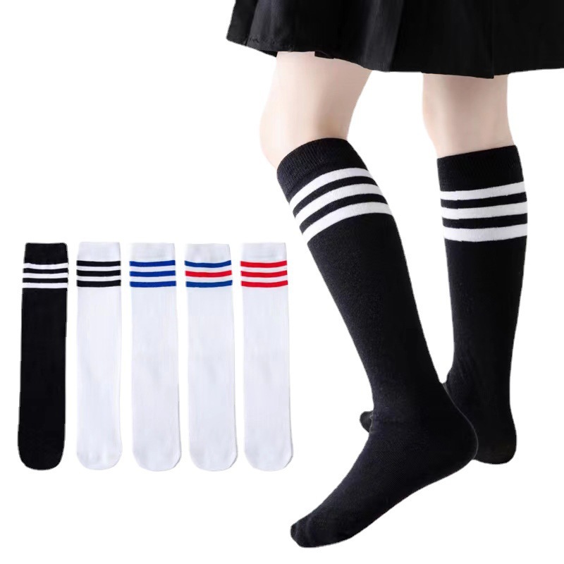 Children's football socks spring and summer long student socks over the knee sports three bars boys and girls White dance performance socks