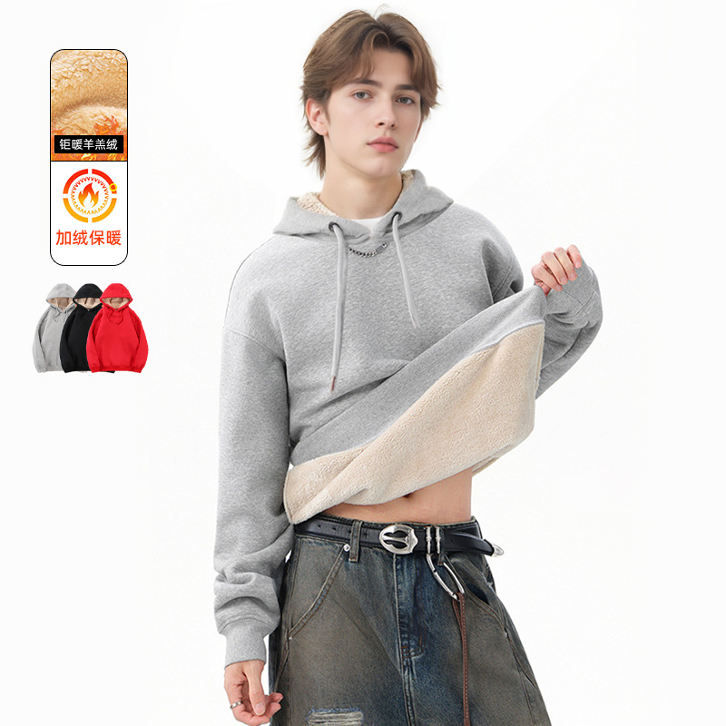新款冬季青年学生加绒连帽羊羔绒卫衣男款潮流连帽男女情侣卫衣