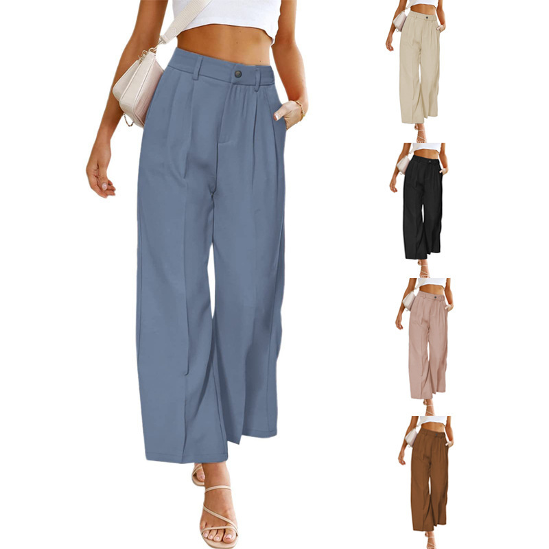 2025 Spring/Summer New European and American Cross-Border Women's Casual Wide-Leg Formal Pants High-Waisted Button Trousers with Pockets