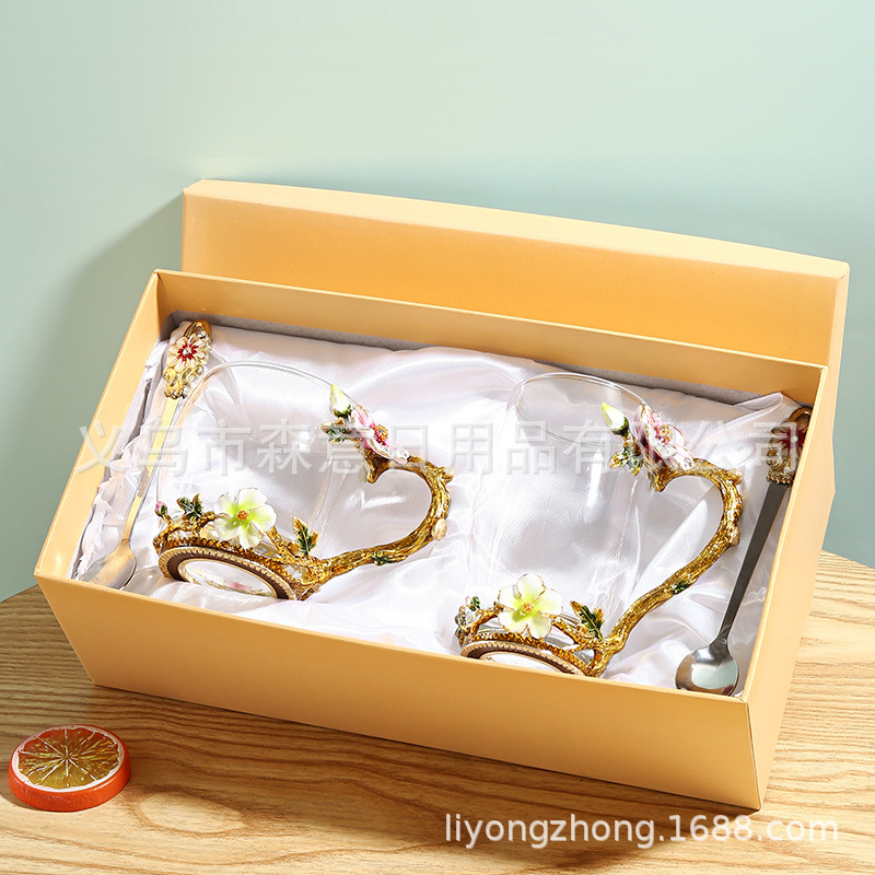 Esmalte taza de agua de color flor creativa taza de té taza de jugo taza de vidrio de cristal resistente al calor taza de café taza de pareja de gama alta regalo de la taza