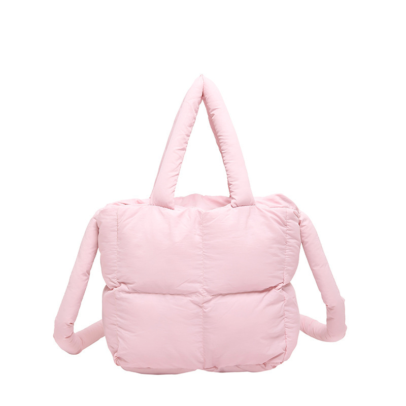 Diamond square tote bag summer 2024 new style soft cotton filled pillow bag single shoulder underarm bag puff bag female_voghion.com
