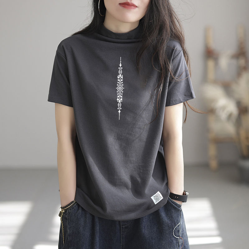 98% New Summer Half Turtleneck Short-Sleeved T-Shirt T-Shirt Bottoming Shirt Loose Literary Neck Protection Printing Top Trbottom 98% New Summer Half Turtleneck Short-Sleeved T-Shirt T-Shirt Bottoming Shirt Loose Literary Neck Protection Printing Top Trbottom