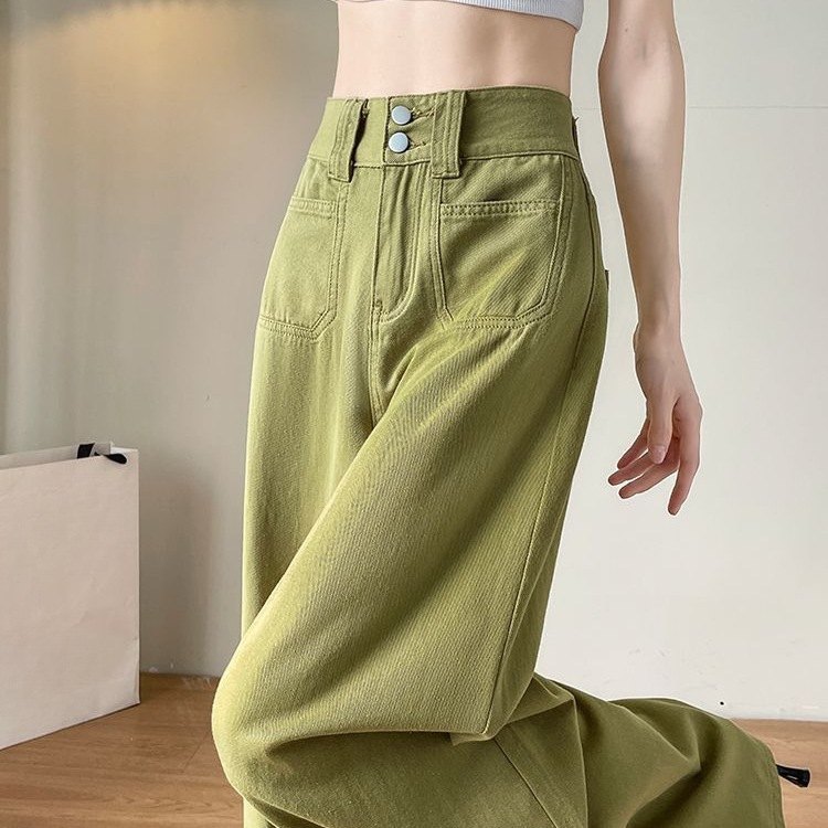 绿色宽松遮胯休闲秋装牛油果薄款直筒拖地长裤多巴胺阔腿牛仔裤女|undefined