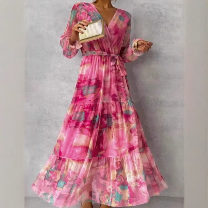 2025 Europe and the United States cross-border Amazon temperament elegant intellectual wind explosion lace-up printing stitching large pendulum female dress