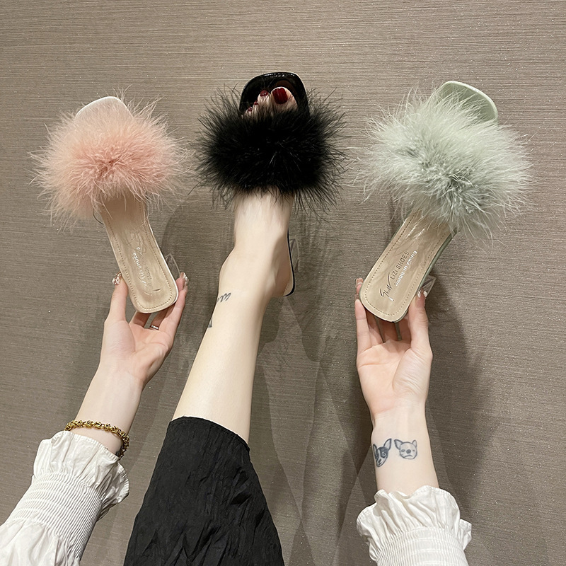 Fairy-Style Feather High-Heeled Sandals for Women, New Summer 2026 Model with Crystal Transparent Heels, Elegant Height-Increasing Slippers Fairy-Style Feather High-Heeled Sandals for Women, New Summer 2026 Model with Crystal Transparent Heels, Elegant Height-Increasing Slippers