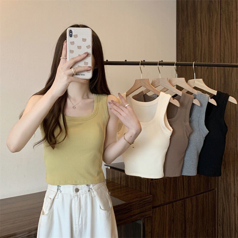 Cross-Border New Autumn and Winter Brushed Square Collar Warm Vest for Women Slim Fit Inner with Chest Pad Sleeveless Beautiful Back Bottoming Top