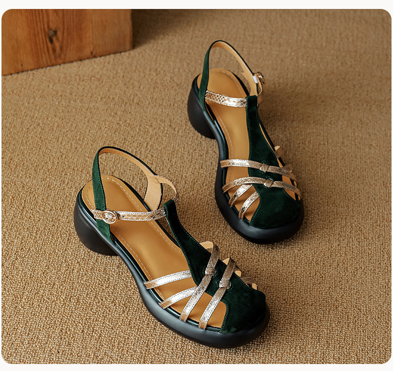 Sandal nữ da lộn quai mảnh dệt, mũi kín khóa chữ T, gót cao đế dày — Màu đen chi tiết 16