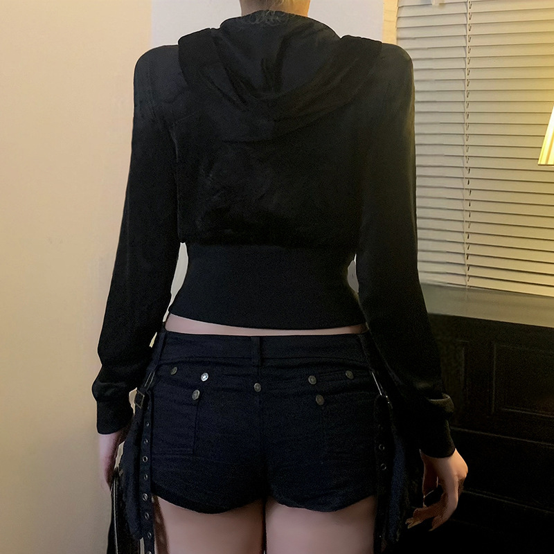 秋冬新品暗黑风烫钻印花连帽外套欧美辣妹短款收腰拉链丝绒上衣女|undefined