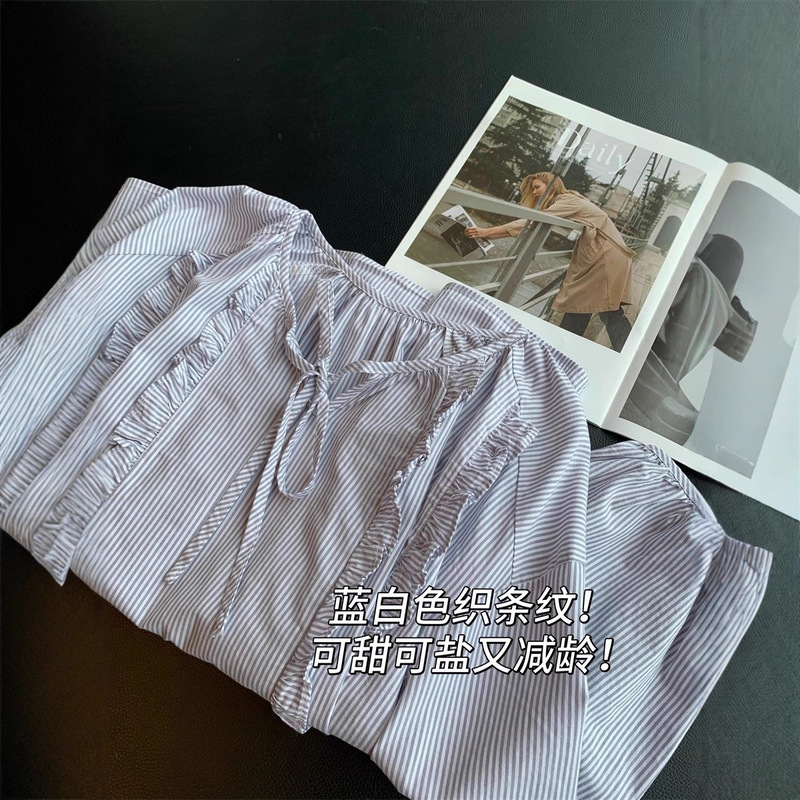 CJ981蓝白色织条纹！可甜可盐又减龄！圆领显瘦百搭衬衫小衫女25|undefined