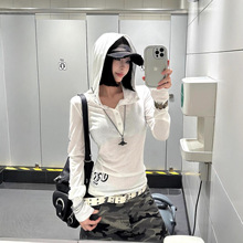 美式潮流连帽长袖罩衫女夏季哥特风修身显瘦微透辣妹防晒T恤上衣