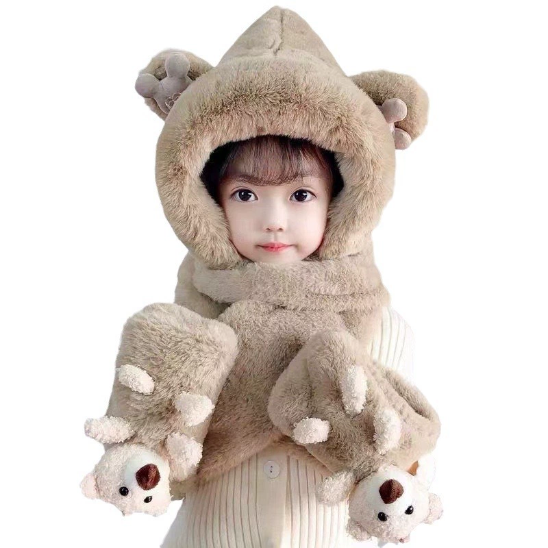 Children's hat, scarf, winter gloves, keep warm windproof baby cap, set, with little bears, 3 piece set
