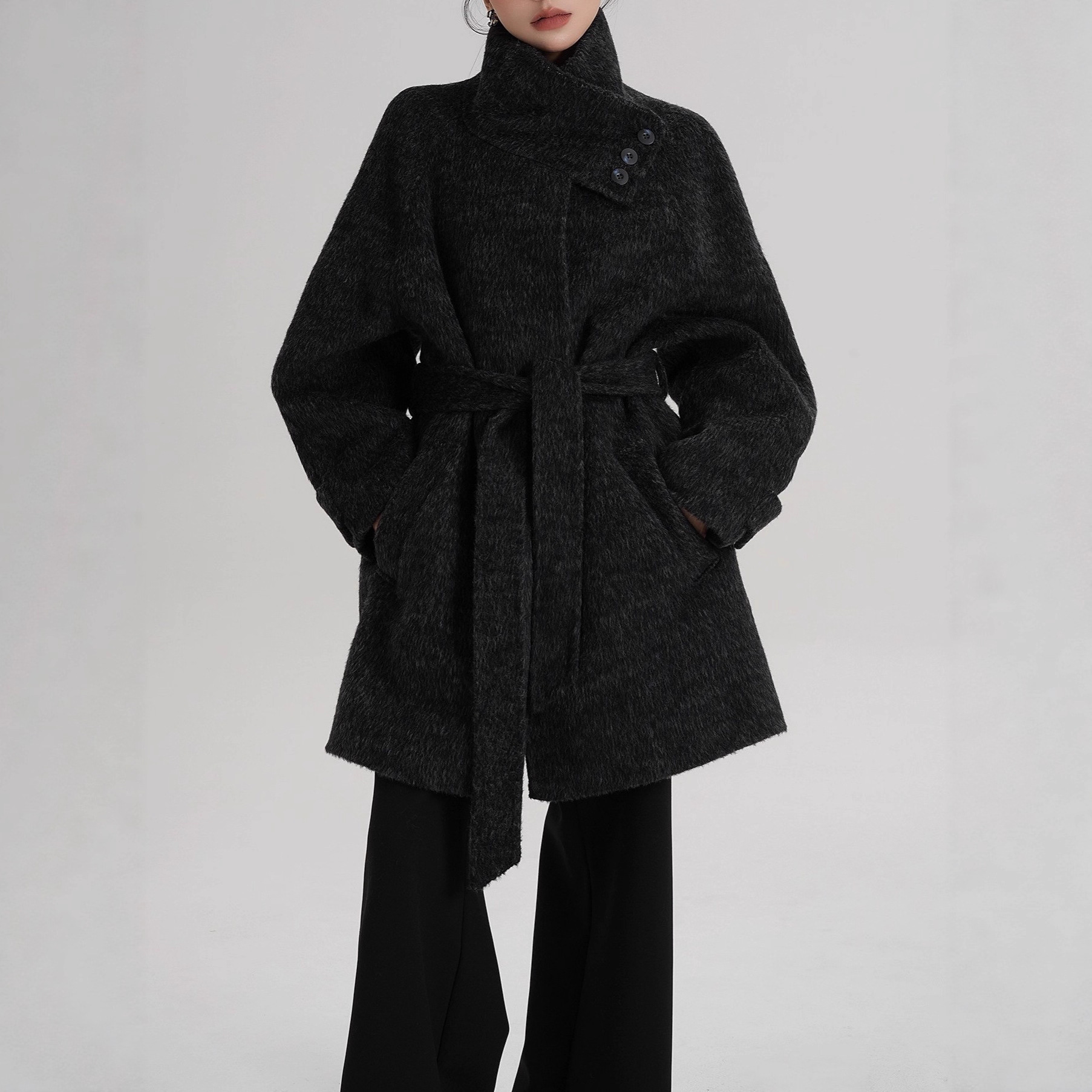 Elegant and High-End Mid-Length Loose Stand-Up Collar Coat Woolen Coat Autumn and Winter New Style for Women