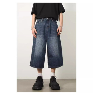 2025 American Wide Leg 7-point Jeans Men's Summer Retro Washed Old Straight Denim Pants Men's Shorts