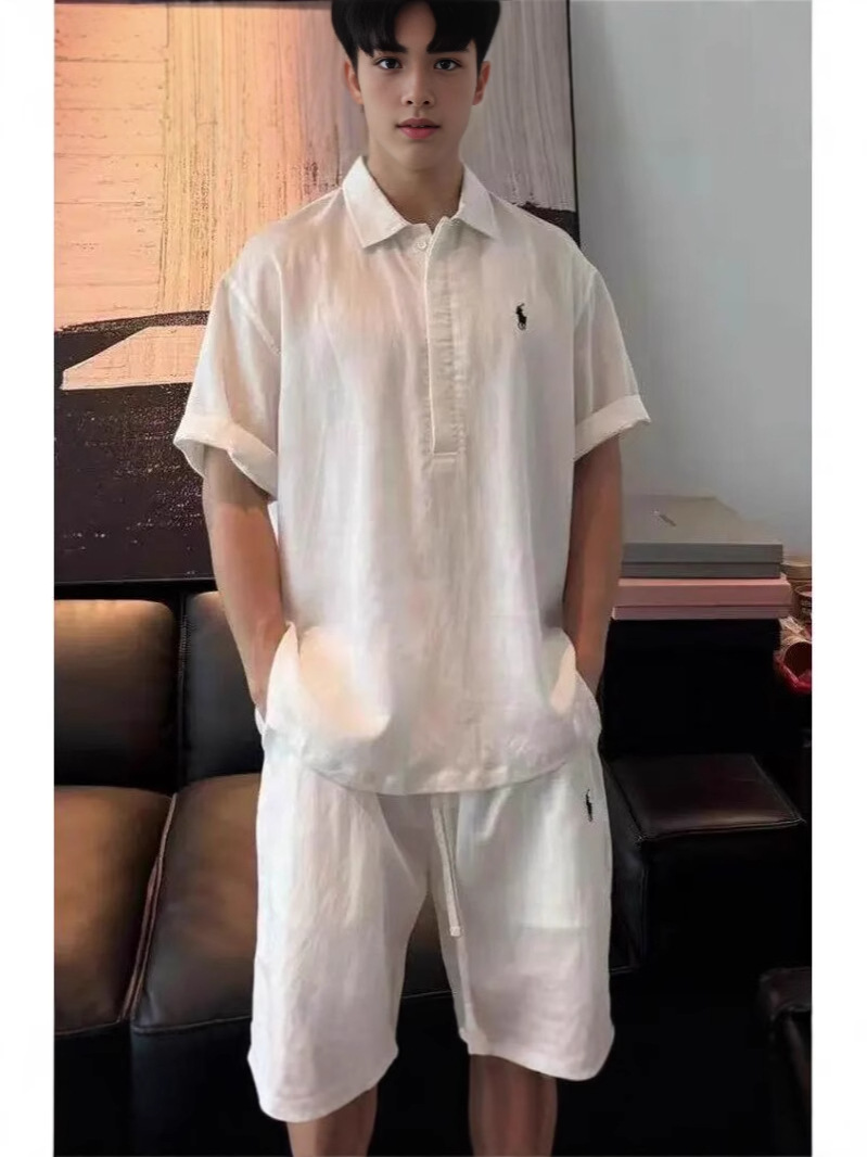 [Linen Suit] 25 Summer Old Money Style Small Label Minimalist Tencel Linen Polo Shirt Short Sleeve Shorts Suit for Men