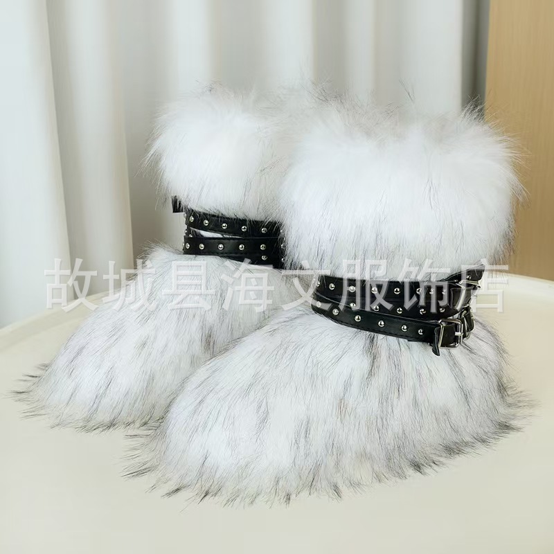 新款炸街辣妹厚底雪地靴Y2K朋克仿毛靴子铆钉靴显瘦暗黑系绑带靴|undefined