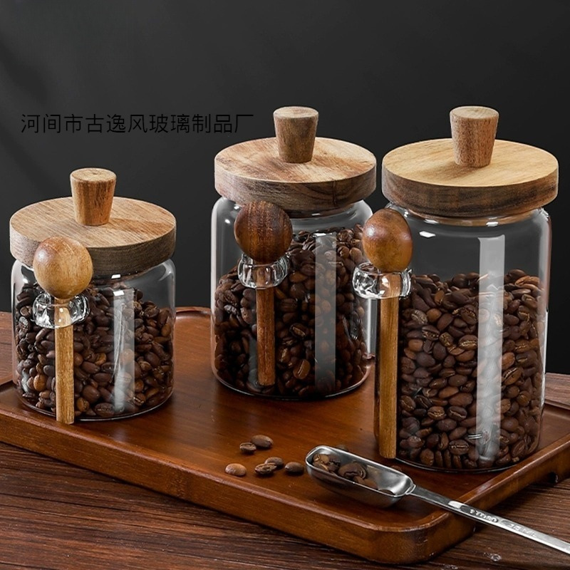 Lata de almacenamiento de granos de café con cuchara Lata sellada de vidrio Lata de almacenamiento de granos de café doméstico Lata de almacenamiento de granos de almacenamiento Lata de té