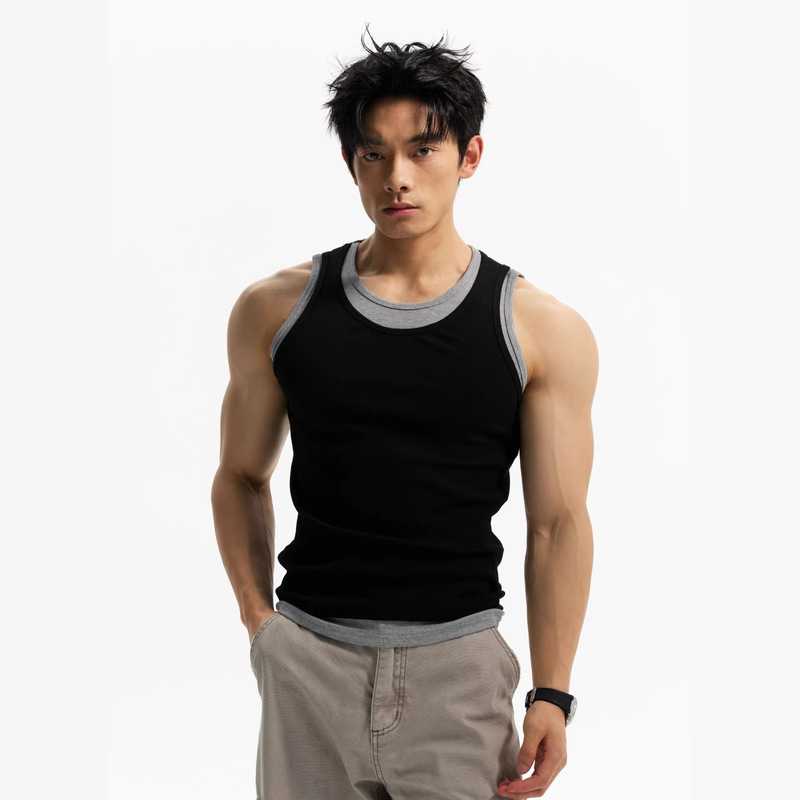 Fake Two-Piece American-Style Slim-Fit Tank Top for Men, Summer Fitness Sports Design, Ribbed Sleeveless T-Shirt Top