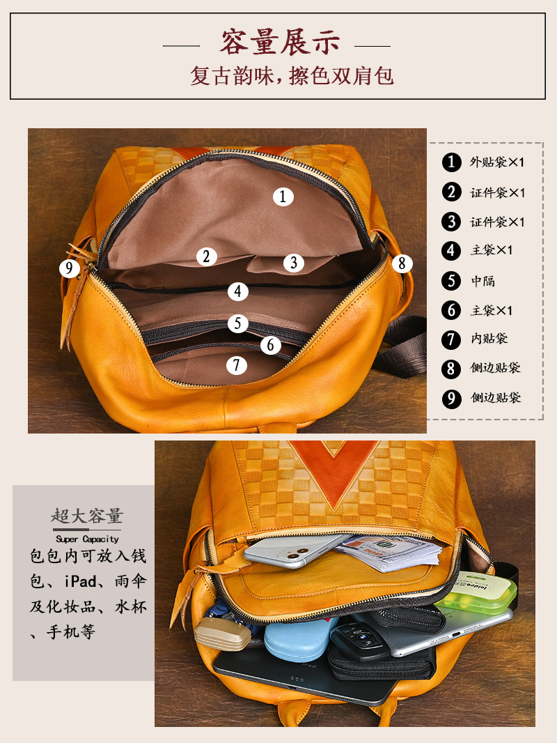Ba lô nữ da bò lớp đầu tiên phong cách cổ điển đánh bóng — Vàng cổ điển, Nâu cổ điển, Xám đen cổ điển chi tiết 7