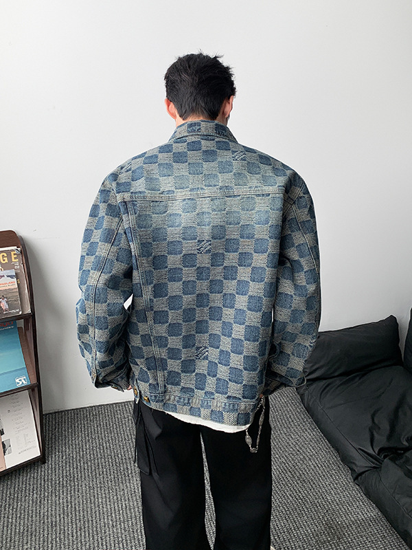 新款男装休闲夹克春秋季外贸潮流棋盘格轻奢男女同款宽松牛仔外套|undefined