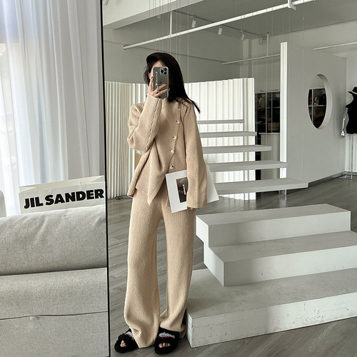 Half turtleneck knitted sweater pants two-piece set for women autumn and winter  new Korean style casual petite suit for women