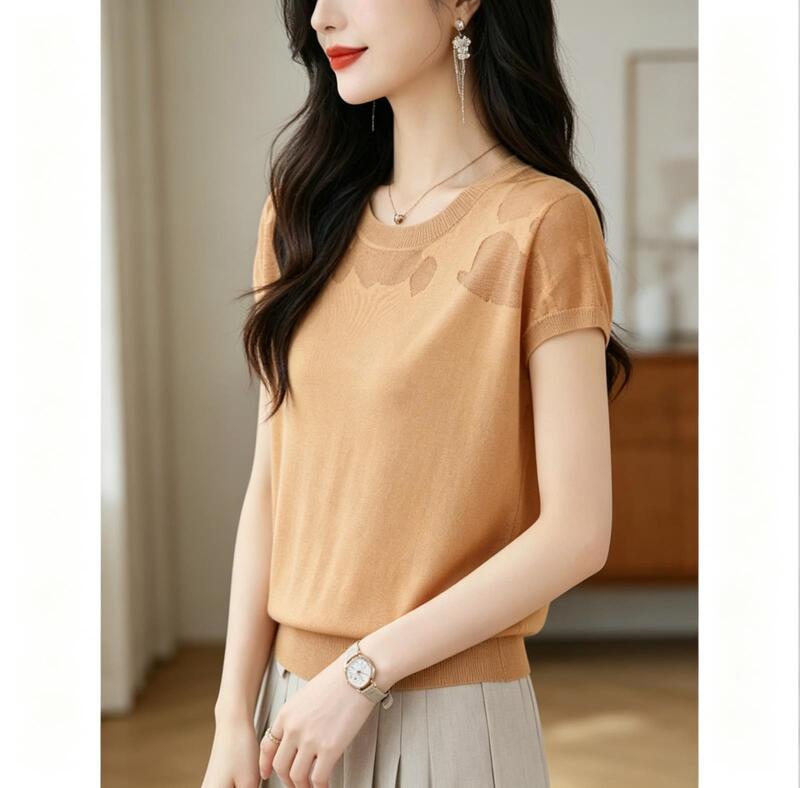 Ice Silk Short-Sleeve T-Shirt for Women, 2026 New Summer Style, Hollow-Out Knit Top, Middle-Aged Mom's Wear, Tummy-Covering Thin Top