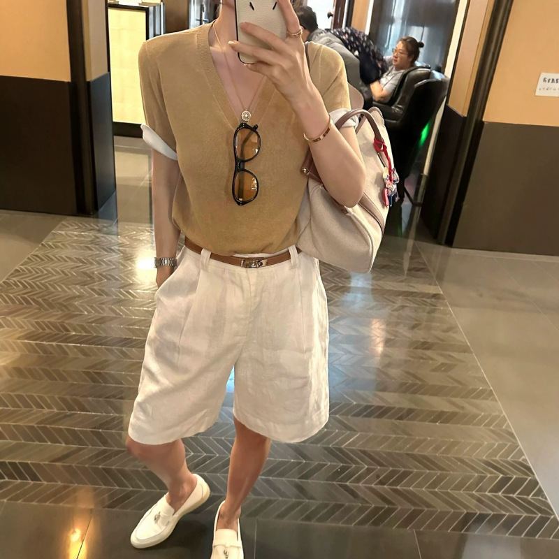 High-Quality 2026 Summer New White Linen Wide-Leg Pants for Women, Relaxed and Simple Versatile Five-Point Pants