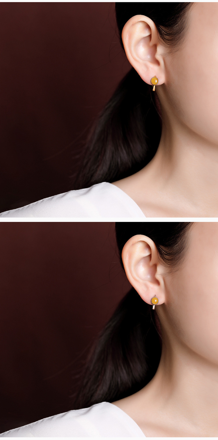 Bông tai kẹp tai nữ bạc S925 mạ vàng đính đá jasper đỏ hình hạt tròn phong cách đơn giản — Kiểu jasper màu bạc chi tiết 16