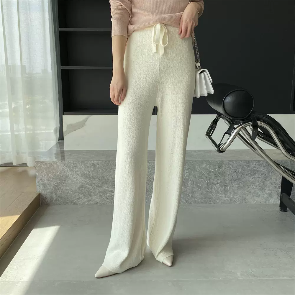 嘉织 高腰针织裤秋季休闲简约阔腿裤垂坠感显瘦直筒长裤M3315