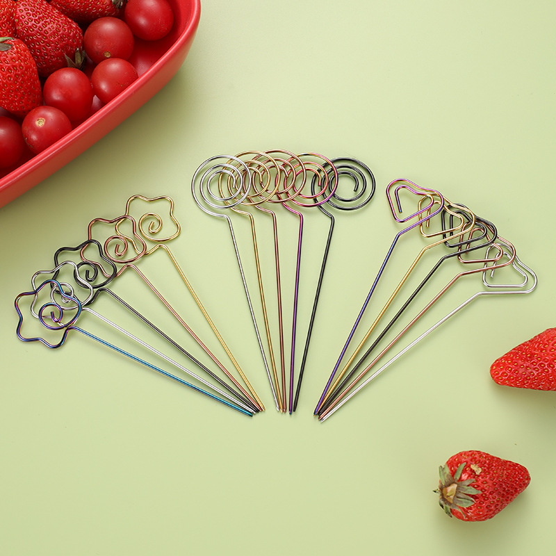 Creativo 304 de acero inoxidable aguja de fruta cóctel palillo de dientes en stock postre decorativo plato de fruta palo de fruta