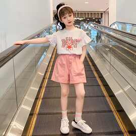 女童夏装短裤套装2023韩版中大童时尚洋气荃棉短袖休闲T恤两件套