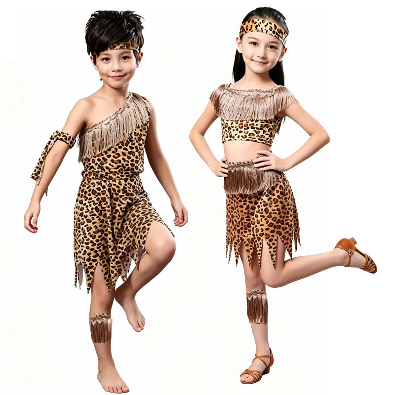 Leopard Print Unisex Savage Costumes, Funny Native American Performance Outfits, Primitive Indigenous Costumes for Halloween Leopard Print Unisex Savage Costumes, Funny Native American Performance Outfits, Primitive Indigenous Costumes for Halloween