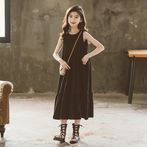 2024 summer Korean style mid-to-large girls dress long dress with large swing tank top cake seaside beach dress