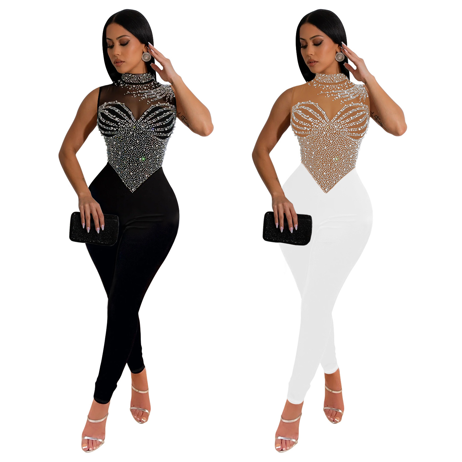 C7168 Aliexpress transfronterizo Amazon Europa y América ropa de moda de mujer de color sólido malla de diamante pantalones nuevos monjes
