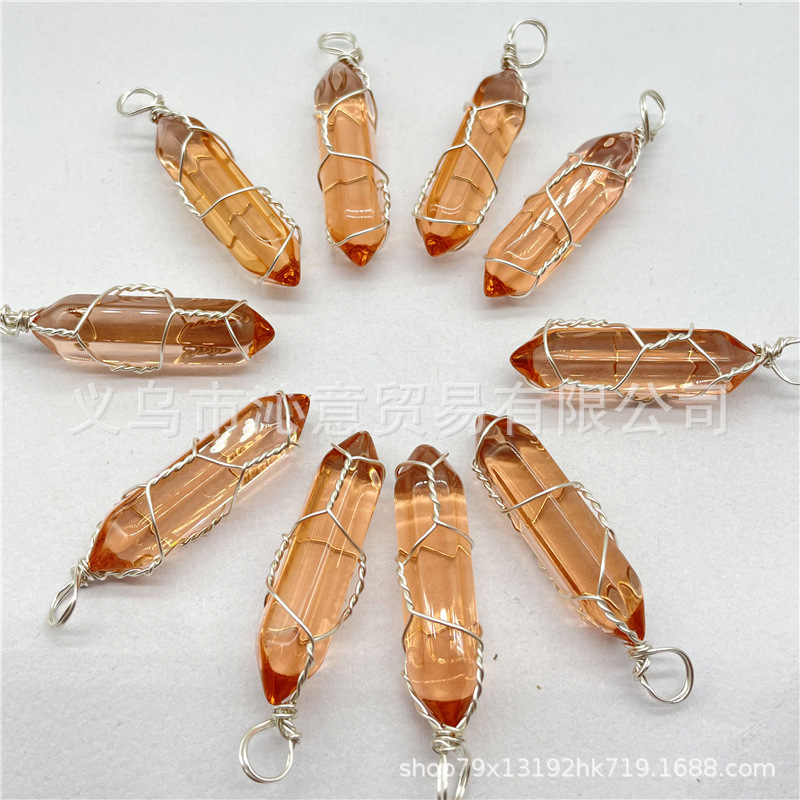 Comercio exterior caliente bobina hexagonal columna colgante collar de cristal natural hecho a mano de plata hilo bala joyería al por mayor