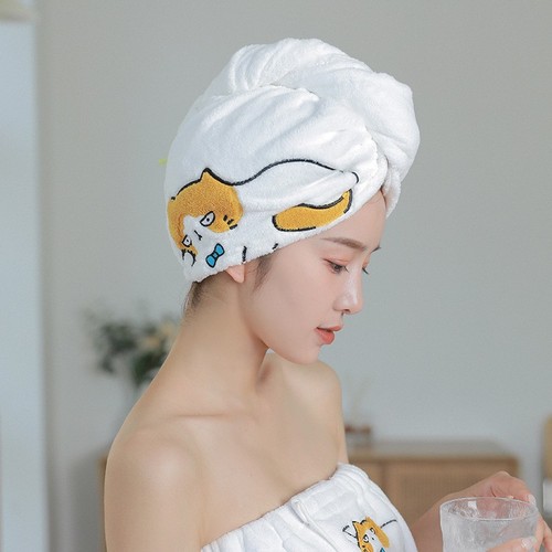 New style coral velvet embroidered cartoon hair drying cap for women, absorbent and thickened, cute Baotou towel shower cap for women wholesale