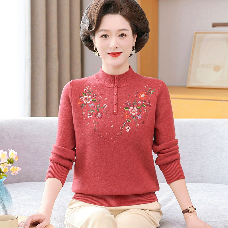 Мама одеваются с половинным воротником зимний свитер с плюшевой вышивкой
