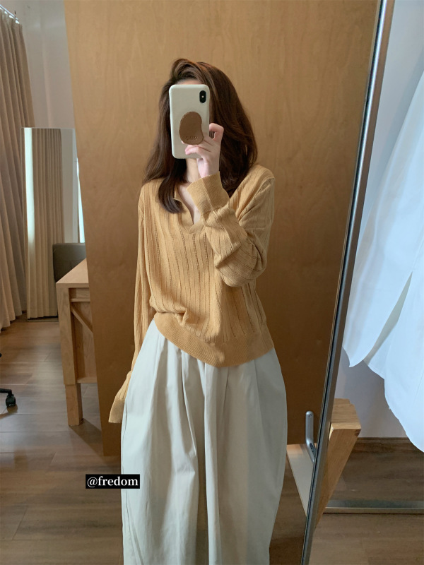 老钱风秋季穿搭翻领针织衫女早秋韩系流行高级感chic别致V领上衣|undefined
