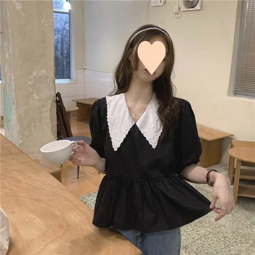 Summer Korean Version 2025 Slimming Fashion Youthful Splicing Black Baby Collar Bubbles Short Sleeve Blouse Top for Women